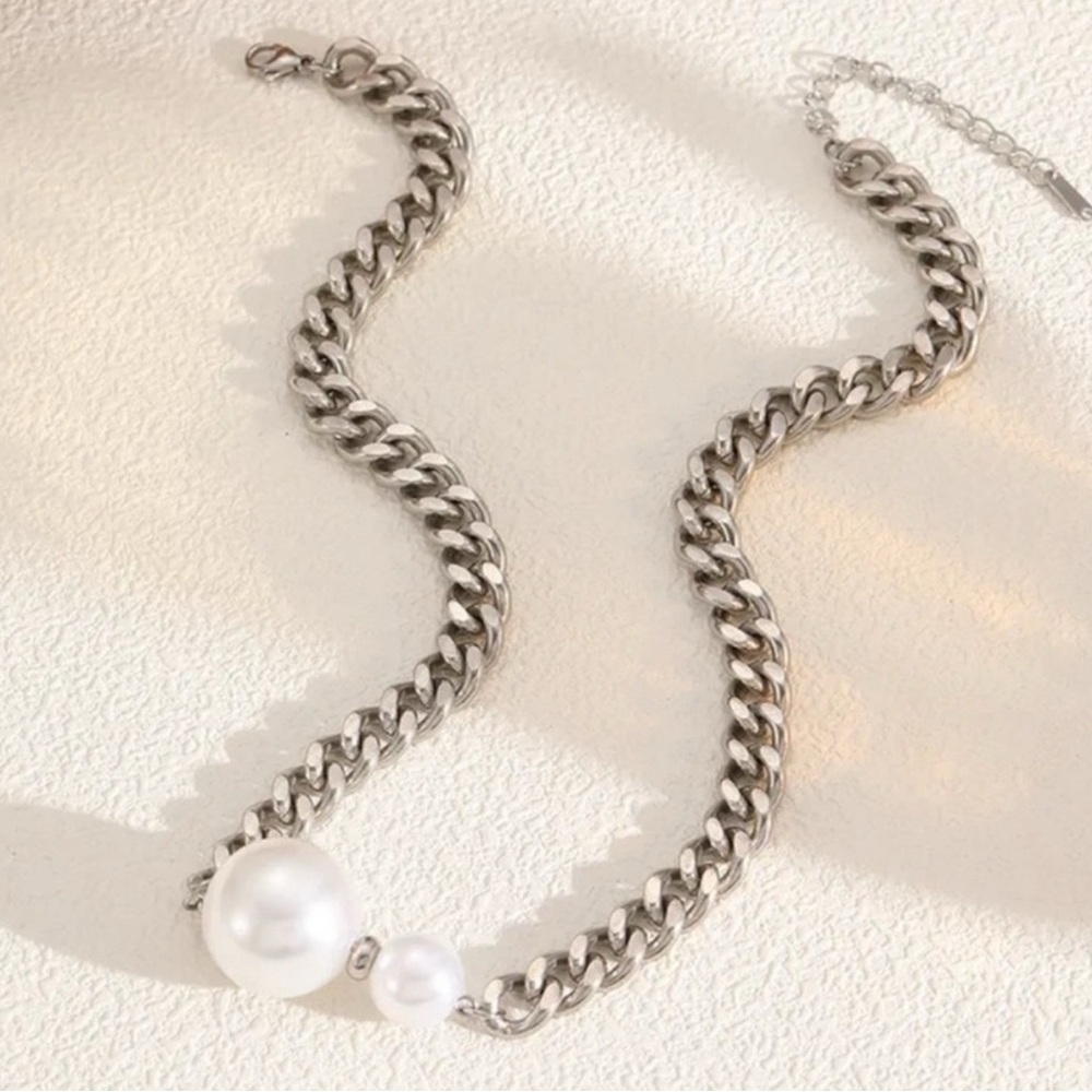 Silver Pearl Statement Chain Necklace Cuban Link - Picture 2 of 6